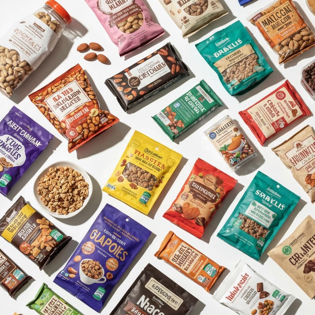 Snack-Verpackungen mit verschiedenen Texten und Informationen