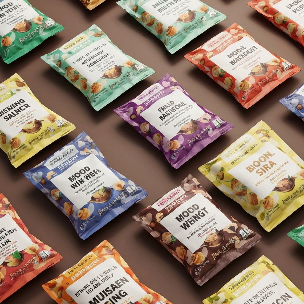 Verschiedene Snack-Verpackungen mit Stimmungswörtern